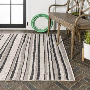 HomeRoots 8' Indoor Outdoor Area Rug - Stylish Cream & Dark Gray Stripes for Living Spaces, Patios & More! 702908