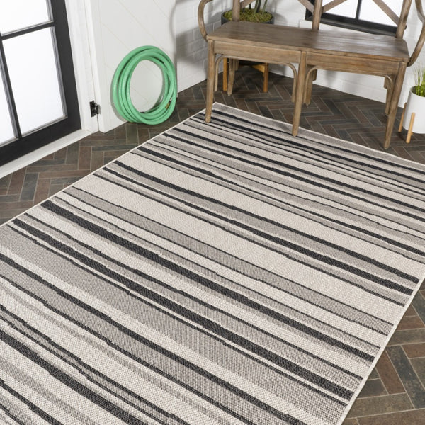 HomeRoots 8' Indoor Outdoor Area Rug - Stylish Cream & Dark Gray Stripes for Living Spaces, Patios & More! 702908