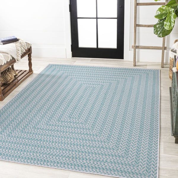 HomeRoots 5' Aqua & Light Gray Striped Area Rug - Stylish, Durable, Indoor/Outdoor Design for Versatile Use! 702910