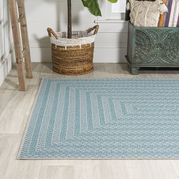 HomeRoots 5' Aqua & Light Gray Striped Area Rug - Stylish, Durable, Indoor/Outdoor Design for Versatile Use! 702910