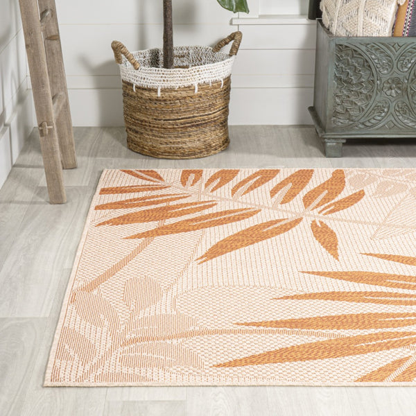 HomeRoots 5' Cream and Orange Floral Area Rug – Versatile Indoor/Outdoor Durable Design for Any Space 702937