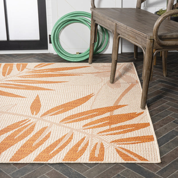 HomeRoots 5' Cream and Orange Floral Area Rug – Versatile Indoor/Outdoor Durable Design for Any Space 702937