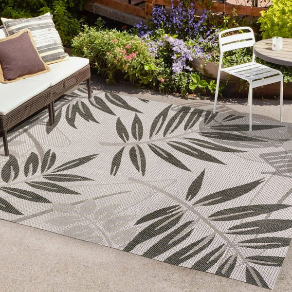 HomeRoots 5' Gray and Black Floral Indoor Outdoor Area Rug – Durable, Stylish, Easy-Care for Any Space 702940