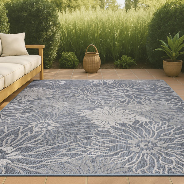 HomeRoots 5' X 8' Navy Blue and Gray Floral Area Rug – Elegant Indoor/Outdoor Design, Durable & Easy Care! 702943