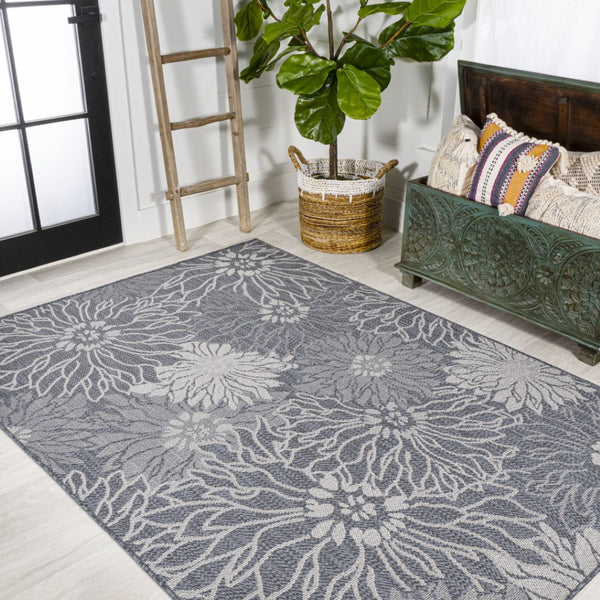 HomeRoots 8' X 10' Navy Blue and Gray Floral Area Rug – Durable, Stylish Design for Indoor & Outdoor Spaces 702944