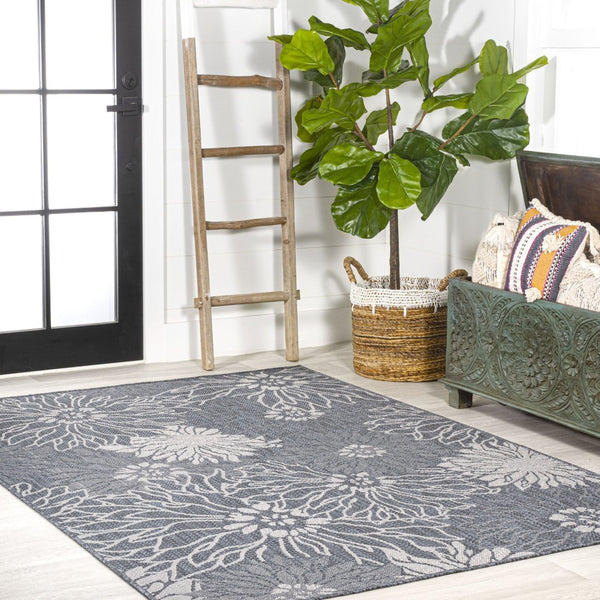 HomeRoots 8' X 10' Navy Blue and Gray Floral Area Rug – Durable, Stylish Design for Indoor & Outdoor Spaces 702944
