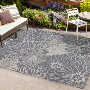 HomeRoots 8' X 10' Navy Blue and Gray Floral Area Rug – Durable, Stylish Design for Indoor & Outdoor Spaces 702944