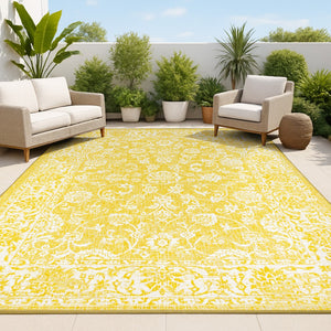 HomeRoots 5' Stylish Yellow and Cream Medallion Area Rug - Durable Indoor Outdoor Floor Covering for Any Space 702947