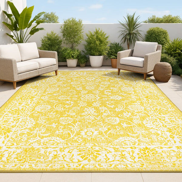 HomeRoots 5' Stylish Yellow and Cream Medallion Area Rug - Durable Indoor Outdoor Floor Covering for Any Space 702947