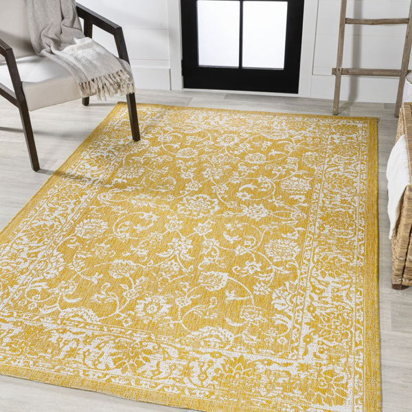 HomeRoots 5' Stylish Yellow and Cream Medallion Area Rug - Durable Indoor Outdoor Floor Covering for Any Space 702947