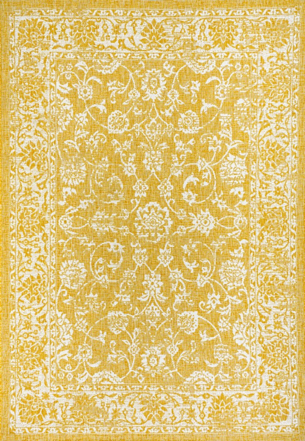 HomeRoots 5' Stylish Yellow and Cream Medallion Area Rug - Durable Indoor Outdoor Floor Covering for Any Space 702947