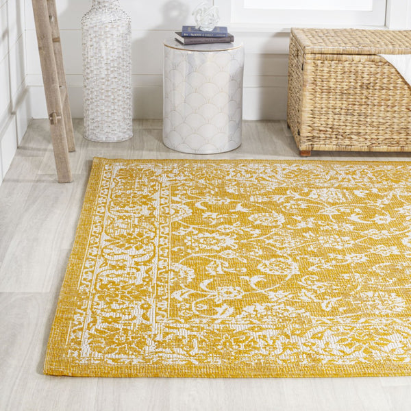 HomeRoots 5' Stylish Yellow and Cream Medallion Area Rug - Durable Indoor Outdoor Floor Covering for Any Space 702947