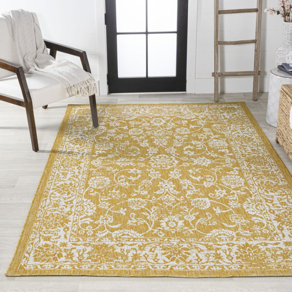 HomeRoots 5' Stylish Yellow and Cream Medallion Area Rug - Durable Indoor Outdoor Floor Covering for Any Space 702947