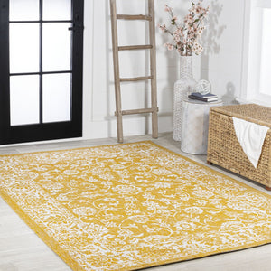 HomeRoots 5' Stylish Yellow and Cream Medallion Area Rug - Durable Indoor Outdoor Floor Covering for Any Space 702947