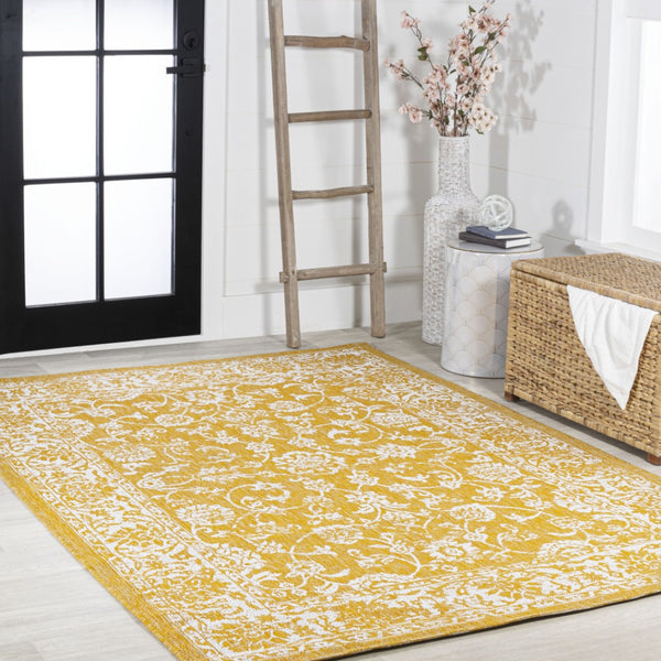 HomeRoots 5' Stylish Yellow and Cream Medallion Area Rug - Durable Indoor Outdoor Floor Covering for Any Space 702947