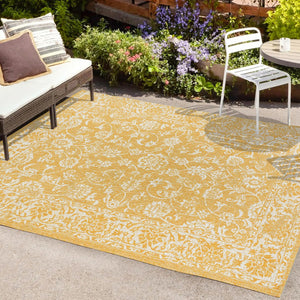 HomeRoots 5' Stylish Yellow and Cream Medallion Area Rug - Durable Indoor Outdoor Floor Covering for Any Space 702947