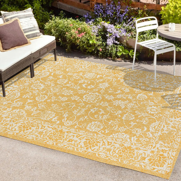 HomeRoots 5' Stylish Yellow and Cream Medallion Area Rug - Durable Indoor Outdoor Floor Covering for Any Space 702947