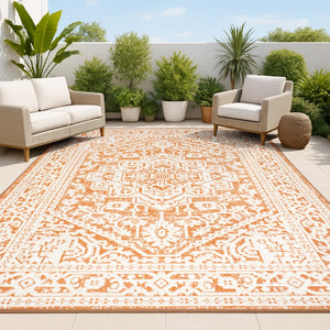 HomeRoots 5' Orange and Cream Medallion Area Rug – Durable Indoor/Outdoor Style for Living Spaces & Patios 702962