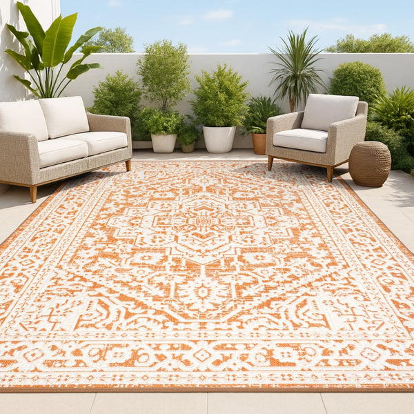 HomeRoots 5' Orange and Cream Medallion Area Rug – Durable Indoor/Outdoor Style for Living Spaces & Patios 702962
