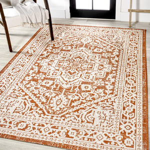 HomeRoots 5' Orange and Cream Medallion Area Rug – Durable Indoor/Outdoor Style for Living Spaces & Patios 702962