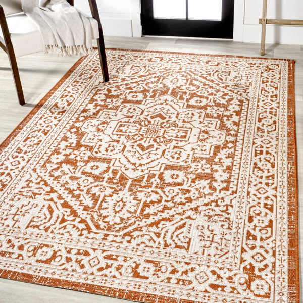 HomeRoots 5' Orange and Cream Medallion Area Rug – Durable Indoor/Outdoor Style for Living Spaces & Patios 702962