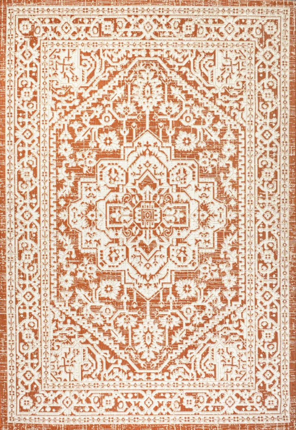 HomeRoots 5' Orange and Cream Medallion Area Rug – Durable Indoor/Outdoor Style for Living Spaces & Patios 702962