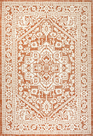 HomeRoots 5' Orange and Cream Medallion Area Rug – Durable Indoor/Outdoor Style for Living Spaces & Patios 702962