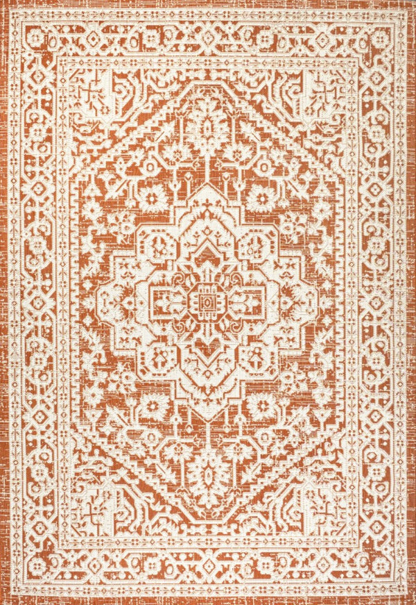 HomeRoots 5' Orange and Cream Medallion Area Rug – Durable Indoor/Outdoor Style for Living Spaces & Patios 702962