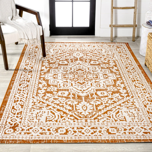 HomeRoots 5' Orange and Cream Medallion Area Rug – Durable Indoor/Outdoor Style for Living Spaces & Patios 702962