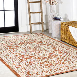 HomeRoots 5' Orange and Cream Medallion Area Rug – Durable Indoor/Outdoor Style for Living Spaces & Patios 702962