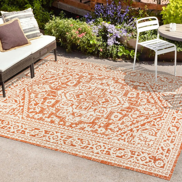 HomeRoots 5' Orange and Cream Medallion Area Rug – Durable Indoor/Outdoor Style for Living Spaces & Patios 702962