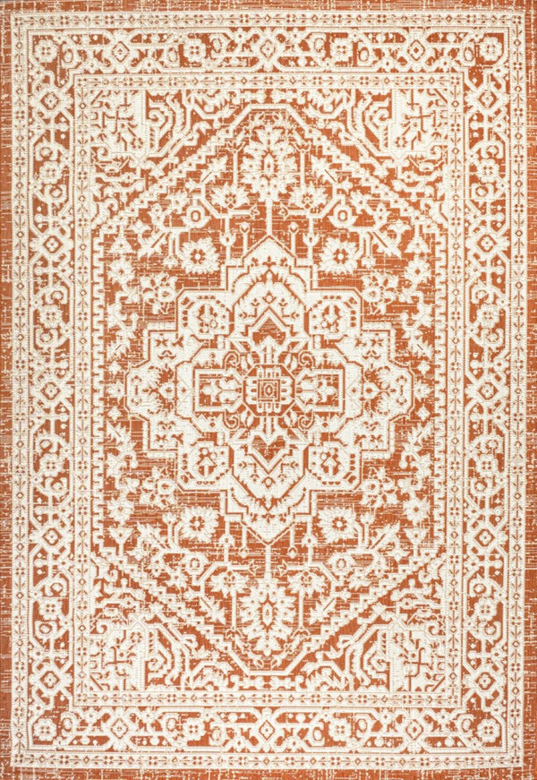 HomeRoots 8' X 10' Durable Orange and Cream Medallion Area Rug for Indoor/Outdoor Spaces - Easy Care & Stylish 702963