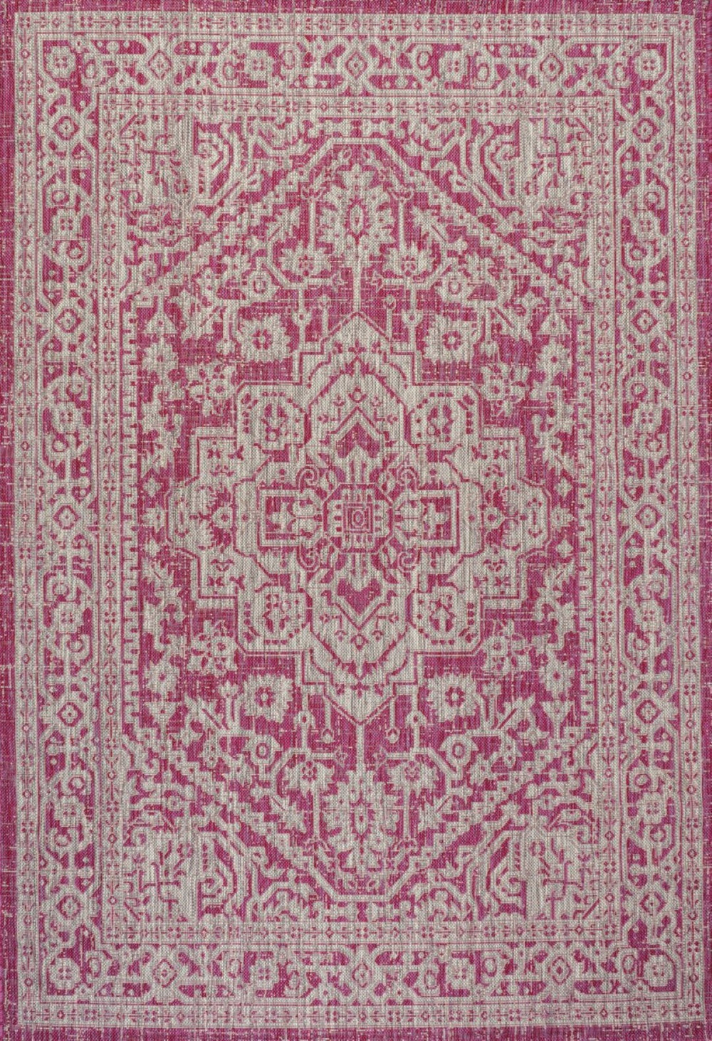 HomeRoots 8' Fuchsia and Light Gray Indoor Outdoor Area Rug - Stylish Medallion Design for Versatile Spaces 702968