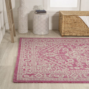 HomeRoots 8' Fuchsia and Light Gray Indoor Outdoor Area Rug - Stylish Medallion Design for Versatile Spaces 702968