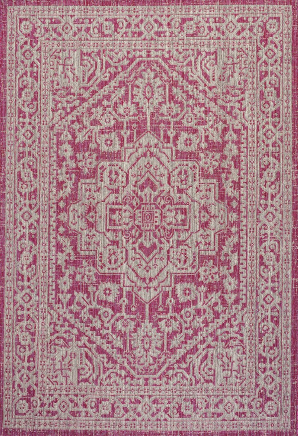 HomeRoots 9' Bold Fuchsia & Light Gray Medallion Indoor Outdoor Area Rug - Stylish, Durable, Easy Care Design 702969