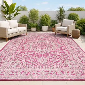 HomeRoots 9' Bold Fuchsia & Light Gray Medallion Indoor Outdoor Area Rug - Stylish, Durable, Easy Care Design 702969
