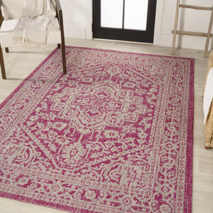HomeRoots 9' Bold Fuchsia & Light Gray Medallion Indoor Outdoor Area Rug - Stylish, Durable, Easy Care Design 702969