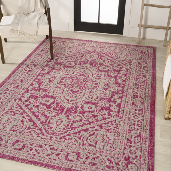 HomeRoots 9' Bold Fuchsia & Light Gray Medallion Indoor Outdoor Area Rug - Stylish, Durable, Easy Care Design 702969