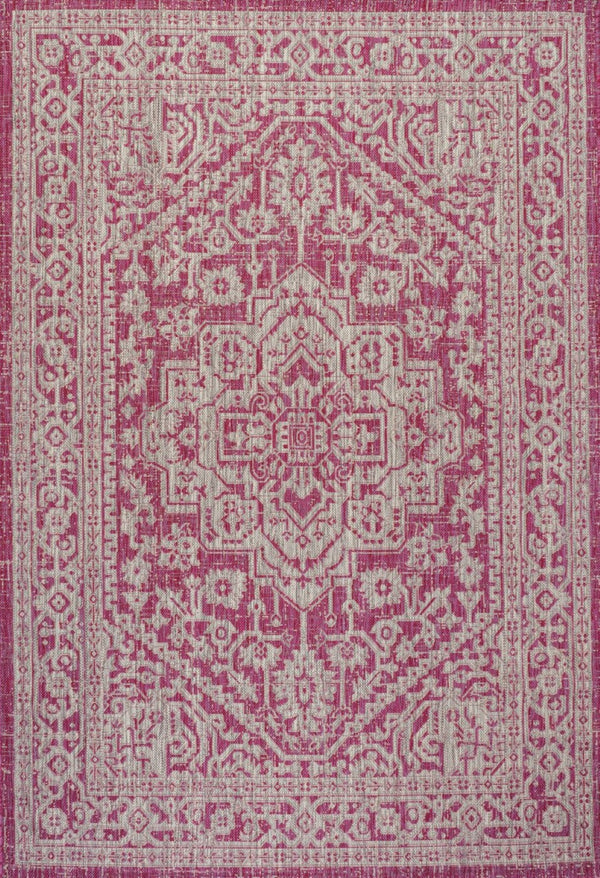 HomeRoots 9' Bold Fuchsia & Light Gray Medallion Indoor Outdoor Area Rug - Stylish, Durable, Easy Care Design 702969