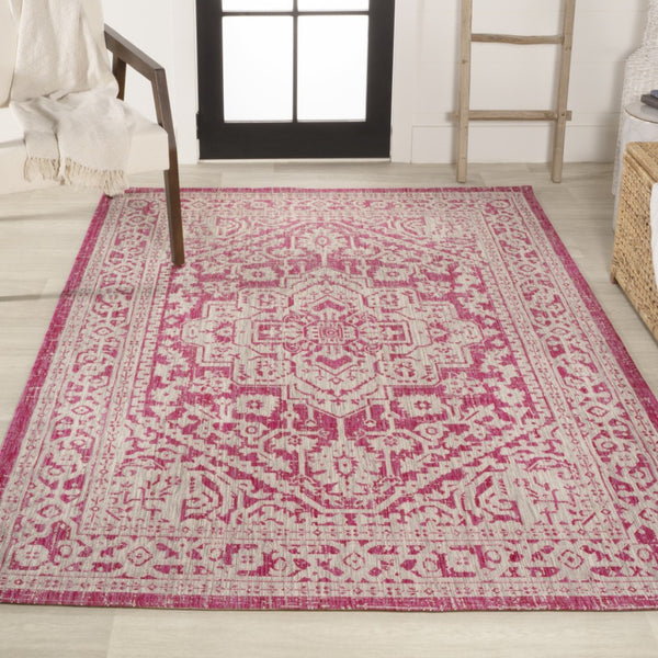 HomeRoots 9' Bold Fuchsia & Light Gray Medallion Indoor Outdoor Area Rug - Stylish, Durable, Easy Care Design 702969