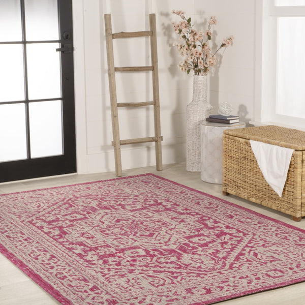 HomeRoots 9' Bold Fuchsia & Light Gray Medallion Indoor Outdoor Area Rug - Stylish, Durable, Easy Care Design 702969