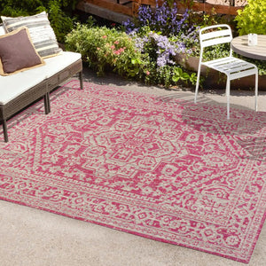 HomeRoots 9' Bold Fuchsia & Light Gray Medallion Indoor Outdoor Area Rug - Stylish, Durable, Easy Care Design 702969