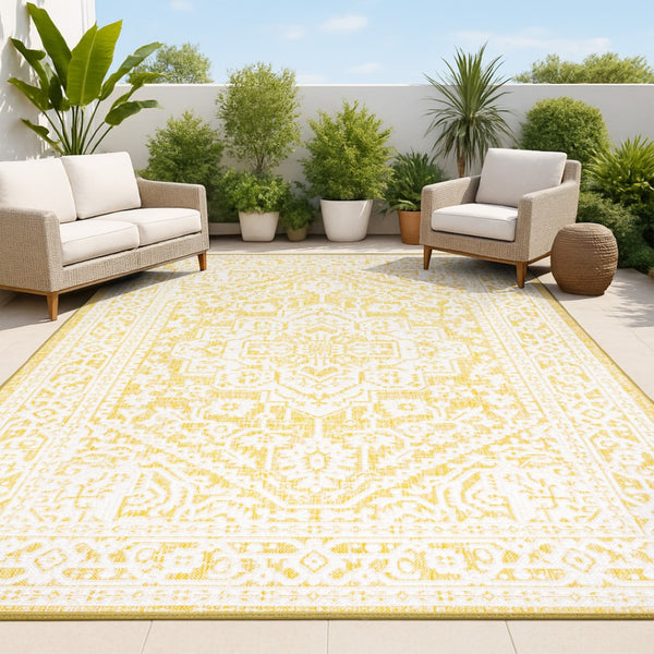 HomeRoots 8' Yellow and Cream Medallion Indoor-Outdoor Area Rug - Durable, Stylish, Versatile for Every Space! 702978