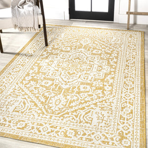 HomeRoots 8' Yellow and Cream Medallion Indoor-Outdoor Area Rug - Durable, Stylish, Versatile for Every Space! 702978