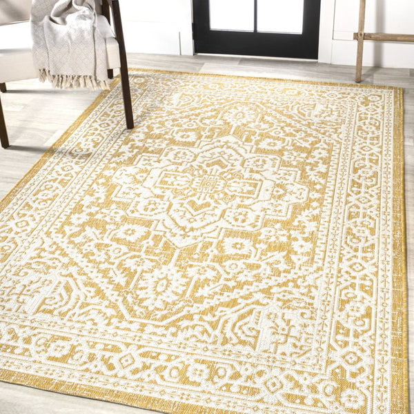 HomeRoots 8' Yellow and Cream Medallion Indoor-Outdoor Area Rug - Durable, Stylish, Versatile for Every Space! 702978