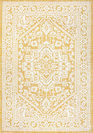 HomeRoots 8' Yellow and Cream Medallion Indoor-Outdoor Area Rug - Durable, Stylish, Versatile for Every Space! 702978