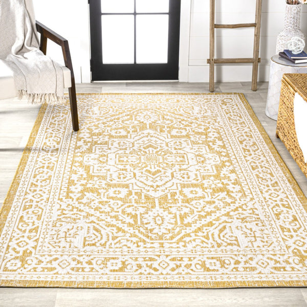 HomeRoots 8' Yellow and Cream Medallion Indoor-Outdoor Area Rug - Durable, Stylish, Versatile for Every Space! 702978