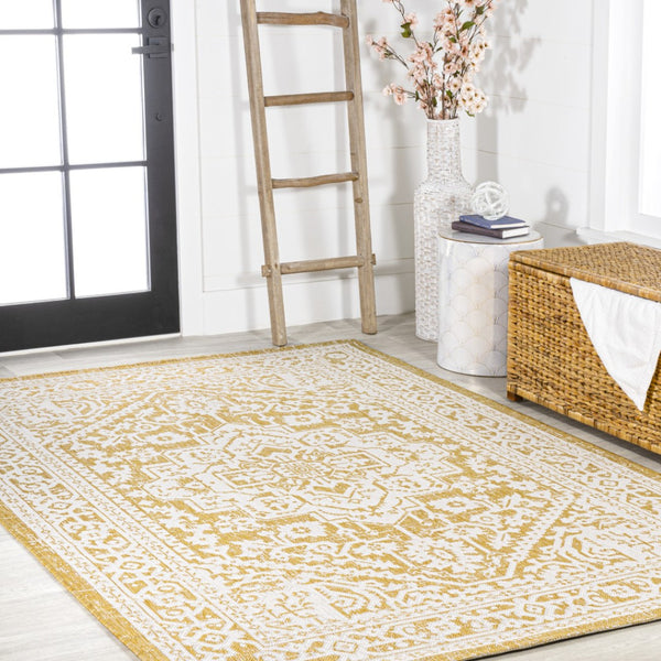 HomeRoots 8' Yellow and Cream Medallion Indoor-Outdoor Area Rug - Durable, Stylish, Versatile for Every Space! 702978