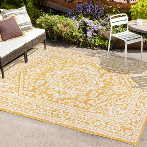 HomeRoots 8' Yellow and Cream Medallion Indoor-Outdoor Area Rug - Durable, Stylish, Versatile for Every Space! 702978