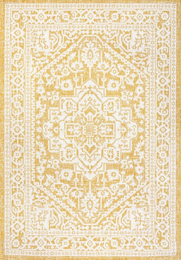 HomeRoots 9' Yellow and Cream Medallion Indoor Outdoor Area Rug - Stylish, Durable, and Easy to Maintain for All Spaces 702979